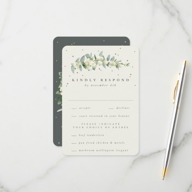 Grey Green Snowberry+Eucalyptus Stem Wedding RSVP Karte (Vorderseite/Rückseite Beispiel)