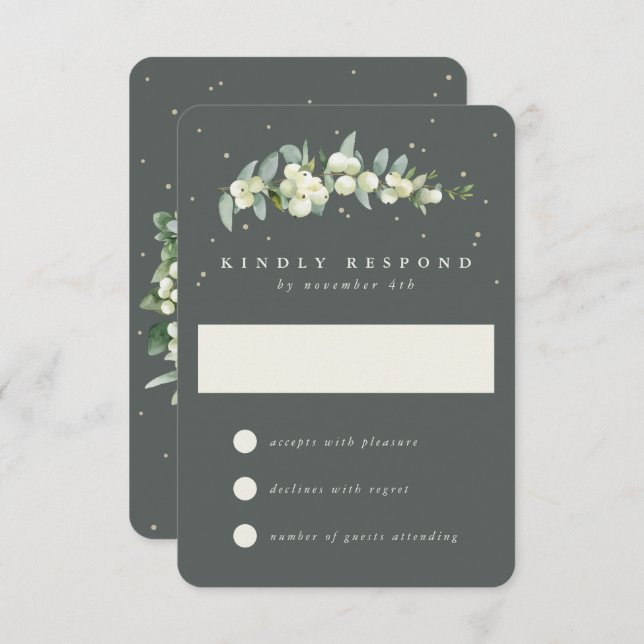 Grey Green Snowberry+Eucalyptus Wedding RSVP Karte (Vorne/Hinten)
