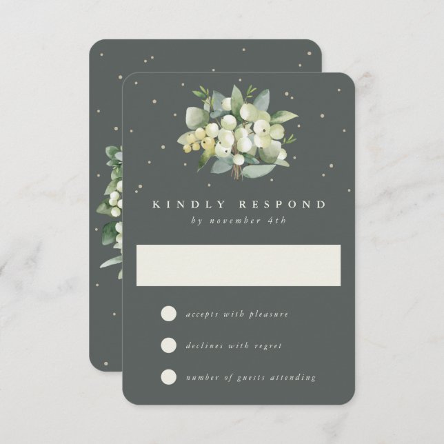 Grey Green Snowberry+Eucalyptus Wedding RSVP Karte (Vorne/Hinten)