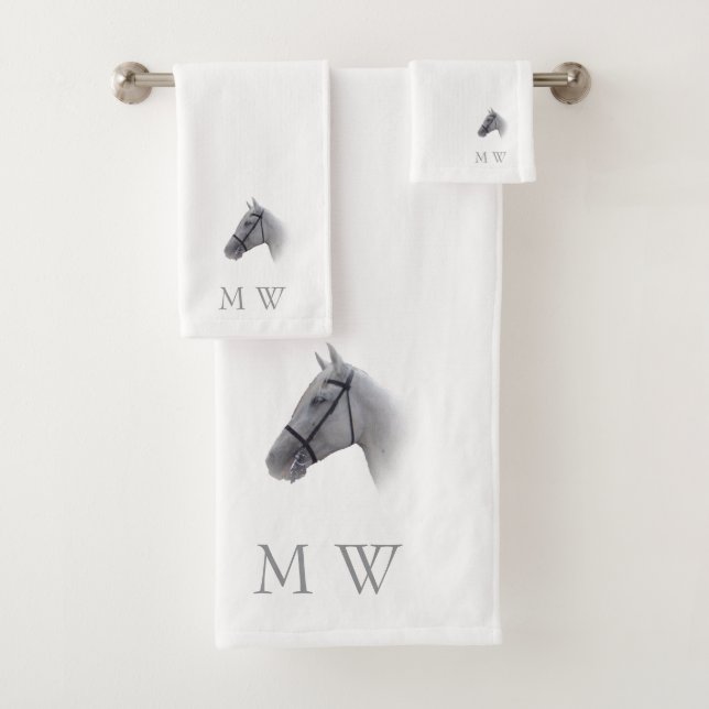 Grey Horse Design Monogrammed Badhandtuch Set (Insitu)