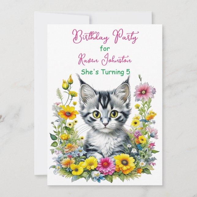 Grey Kitten Themed Floral Girl's Birthday Party Einladung (Vorderseite)