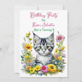 Grey Kitten Themed Floral Girl's Birthday Party Einladung