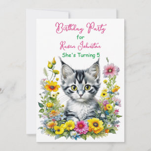 Grey Kitten Themed Floral Girl's Birthday Party Einladung