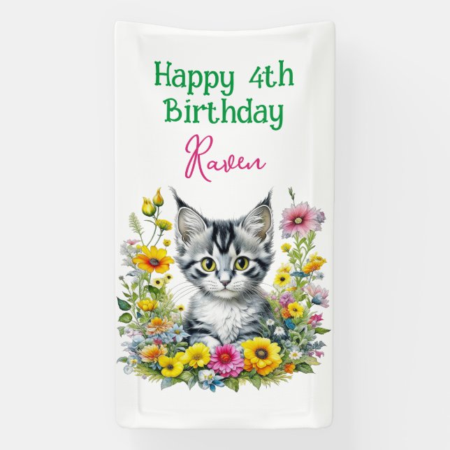 Grey Kitten Themed Girl's Birthday Party Einladung Banner (Vertikal)