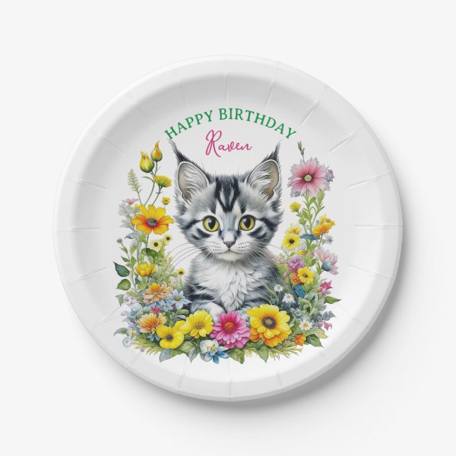 Grey Kitten Themed Girl's Birthday Party Einladung Pappteller (Vorderseite)