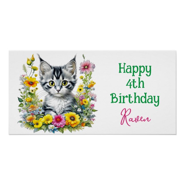 Grey Kitten Themed Girl's Birthday Party Einladung Poster (Vorderseite)