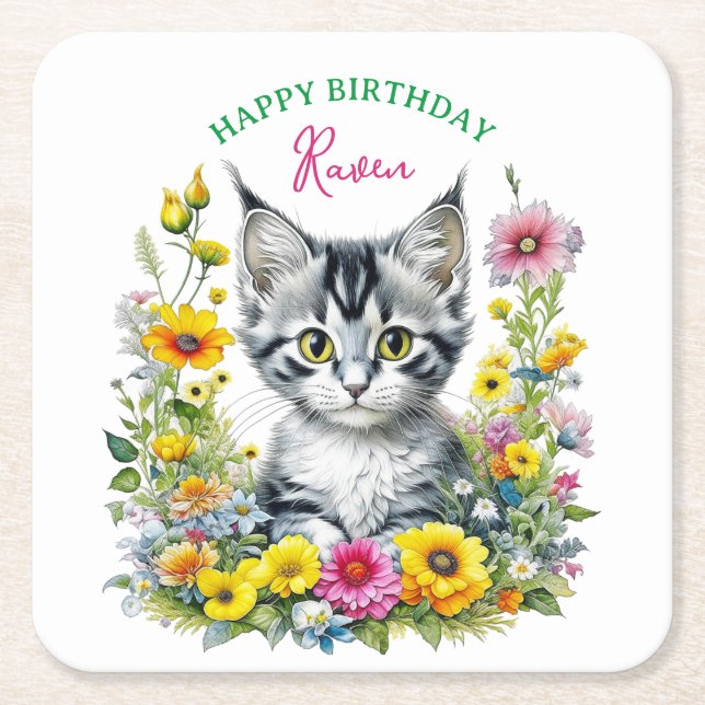 Grey Kitten Themed Girl's Birthday Party Einladung Rechteckiger Pappuntersetzer (Vorderseite)