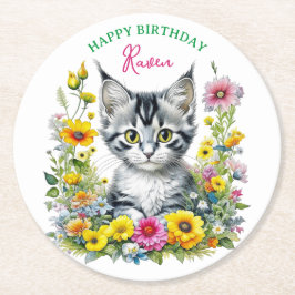 Grey Kitten Themed Girl's Birthday Party Einladung Runder Pappuntersetzer