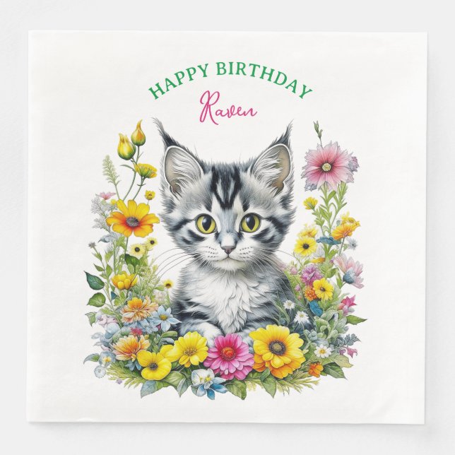 Grey Kitten Themed Girl's Birthday Party Einladung Serviette (Vorderseite)