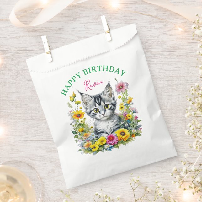 Grey Kitten Themed Girl's Birthday Personalisiert Geschenktütchen (Ausgeschnitten)