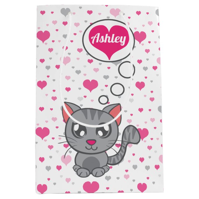 Grey Kitty Liebe Medium Geschenktasche Mittlere Geschenktüte (Vorderseite)