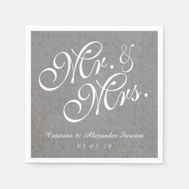 Grey Linen Mr. and Mrs Wedding Paper Napkins Serviette (Vorderseite)