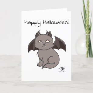Grey Mischievous Vampire Cat Happy Halloween Karte