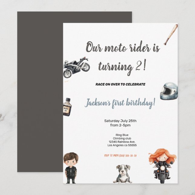 GREY MOTO RIDERS BIRTHDAY PARTY INVITATION EINLADUNG (Vorne/Hinten)