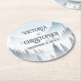 Grey Mountain Fog Forest Wilderness Wedding Runder Pappuntersetzer