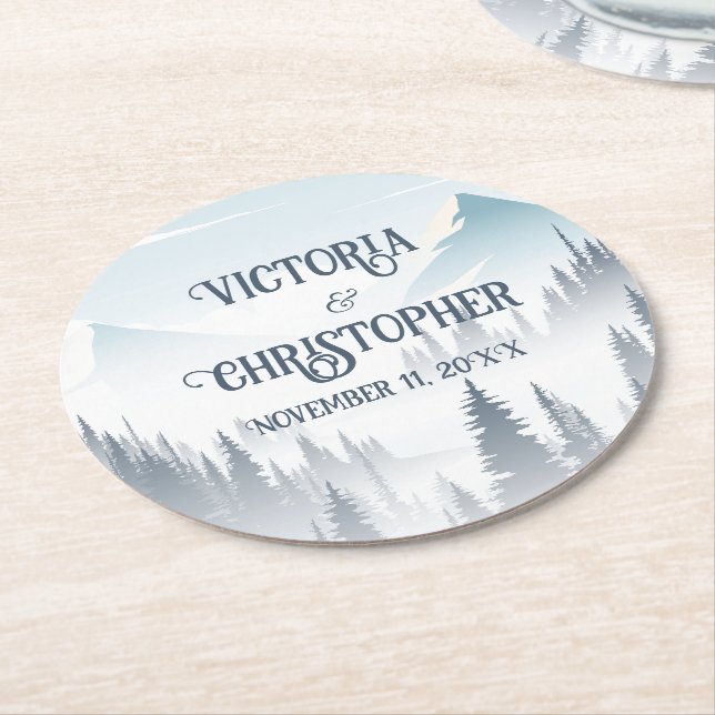 Grey Mountain Fog Forest Wilderness Wedding Runder Pappuntersetzer (Angewinkelt)