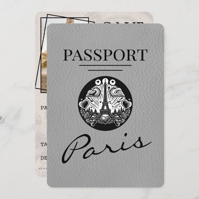 Grey Paris Passport Save the Date (Vorne/Hinten)
