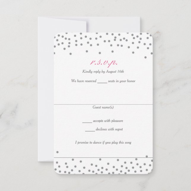 Grey & Pink Confetti Dots Wedding RSVP Karten (Vorderseite)