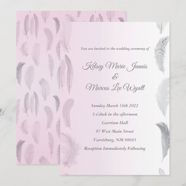 Grey Pink Feather Wedding Einladung (Vorne/Hinten)