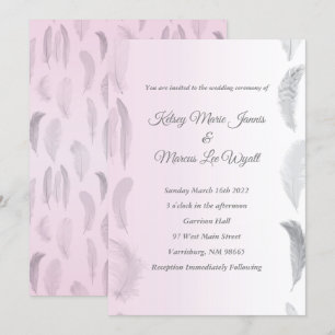 Grey Pink Feather Wedding Einladung