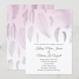 Grey Pink Feather Wedding Einladung