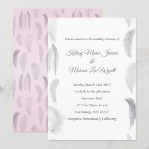 Grey Pink Feather Wedding Einladung