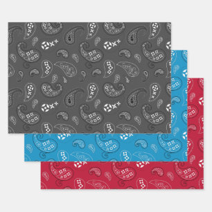 Grey Red Blue Paisley Bandana Sortiment Geschenkpapier Set