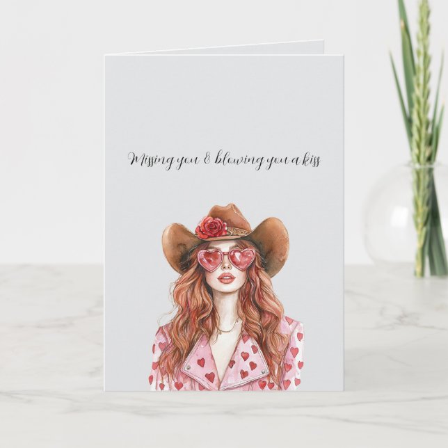 Grey Red Head Lady Cowgirl Blowing You A Kiss Karte (Vorderseite)
