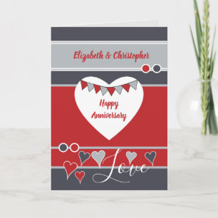 Grey red with hearts and bunting anniversary karte