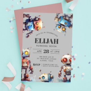 Grey Robots Tech Gear Builder Birthday Party Einladung