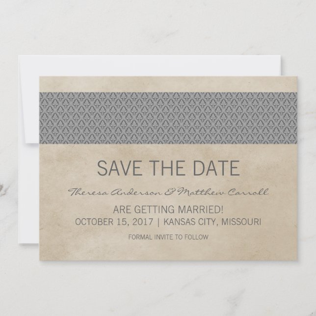Grey Rustic Damask Save the Date einladen Einladung (Vorderseite)