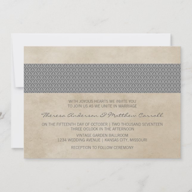 Grey Rustic Damask Wedite Einladung (Vorderseite)