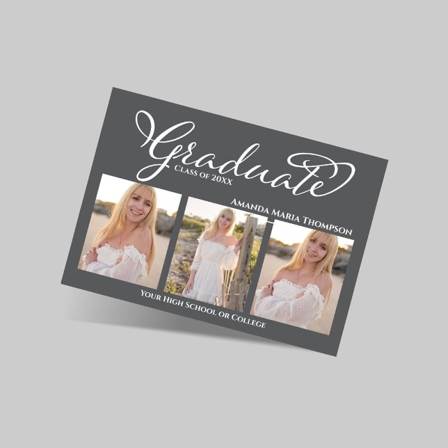 Grey Script 3 Photo Graduation Announcement Einladung (Elegant grey three photo graduation announcement with script graduate text and senior portraits.)