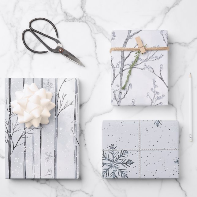 Grey Silver Snowflake Trees Christmas Geschenkpapier Set (Vorderseite)