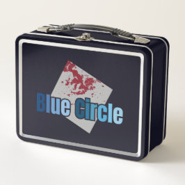 Grey Square with Red Stain and Blue Circle Text Metall Brotdose