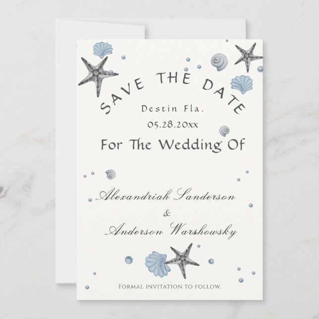 Grey Starfish Blue Beach Hochzeit Save the Date Einladung (Vorderseite)