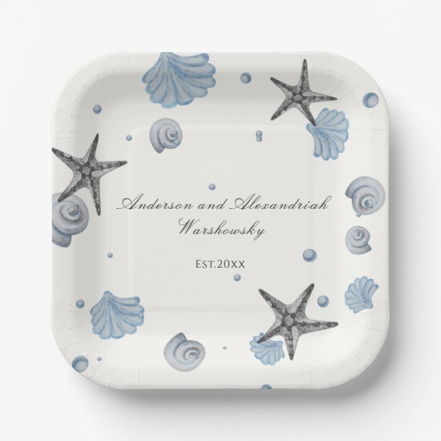 Grey Starfish Blue Muschel Beach Wedding Pappteller (Vorderseite)