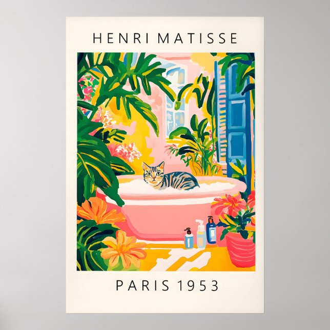 Grey Tabby Cat Bath Art Print Matisse Style Poster (Vorne)