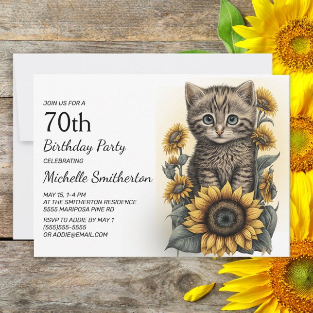 Grey Tabby Kitten Cat Sonnenblumen 70. Geburtstag Einladung (Von Creator hochgeladen)