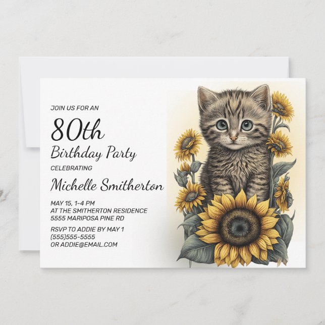 Grey Tabby Kitten Cat Sunflowers 80. Geburtstag Einladung (Vorderseite)