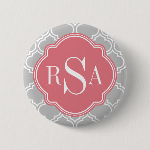 Grey Tile Lattice Pattern Pink Monogram Button