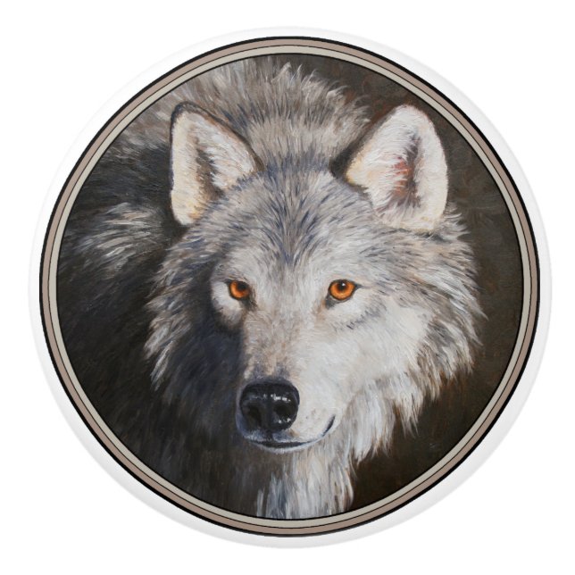 Grey Timber Wolf Face Keramikknauf (Vorderseite)
