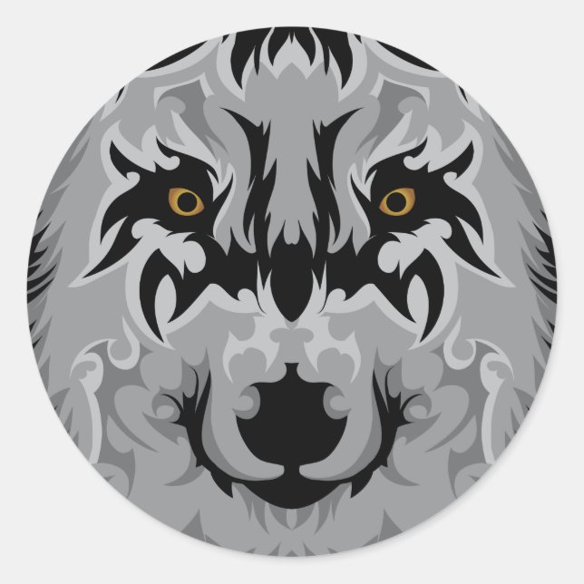 Grey Tribal Wolf Head Runder Aufkleber (Vorderseite)