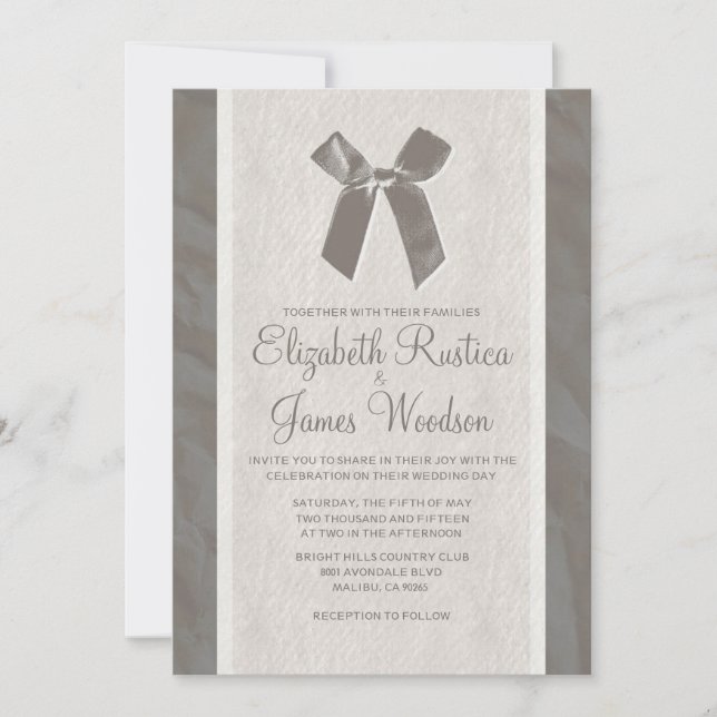 Grey Vintage Bow & Linen Wedding Einladungen (Vorderseite)