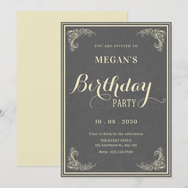 Grey vintage elegant birthday  einladung (Vorne/Hinten)