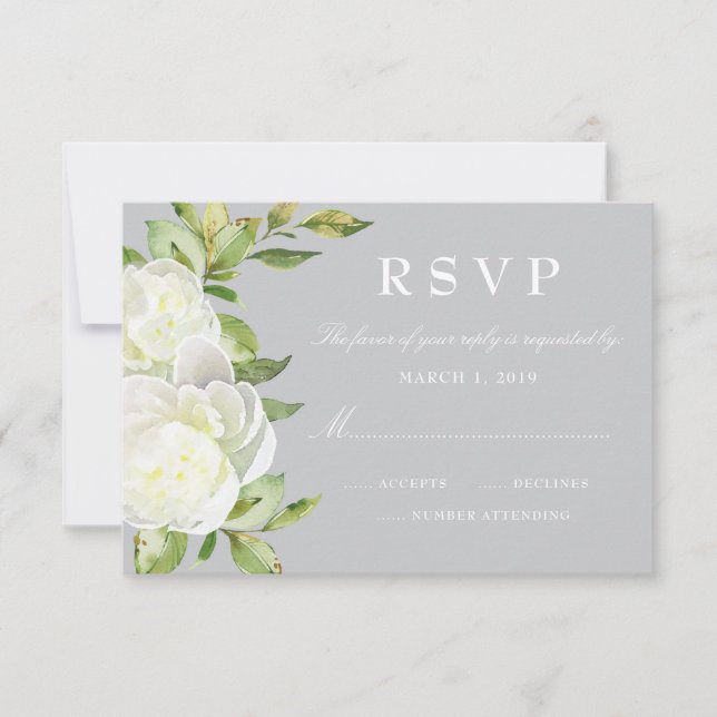 Grey Watercolor Spring Floral Peony Wedding RSVP (Vorderseite)