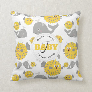 Grey Whale & Blowfish Cartoon Baby Monogram Kissen