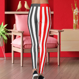 Grey White Red Striped Women's Athletic Workout Leggings