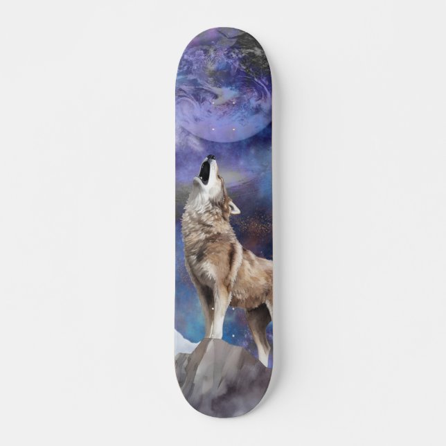 Grey Wolf Howling at the Moon Skate Deck Skateboard (Vorne)
