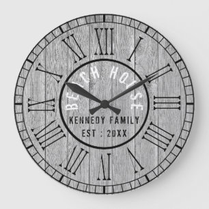 Grey Wood Beach House Black Roman Numerus Große Wanduhr